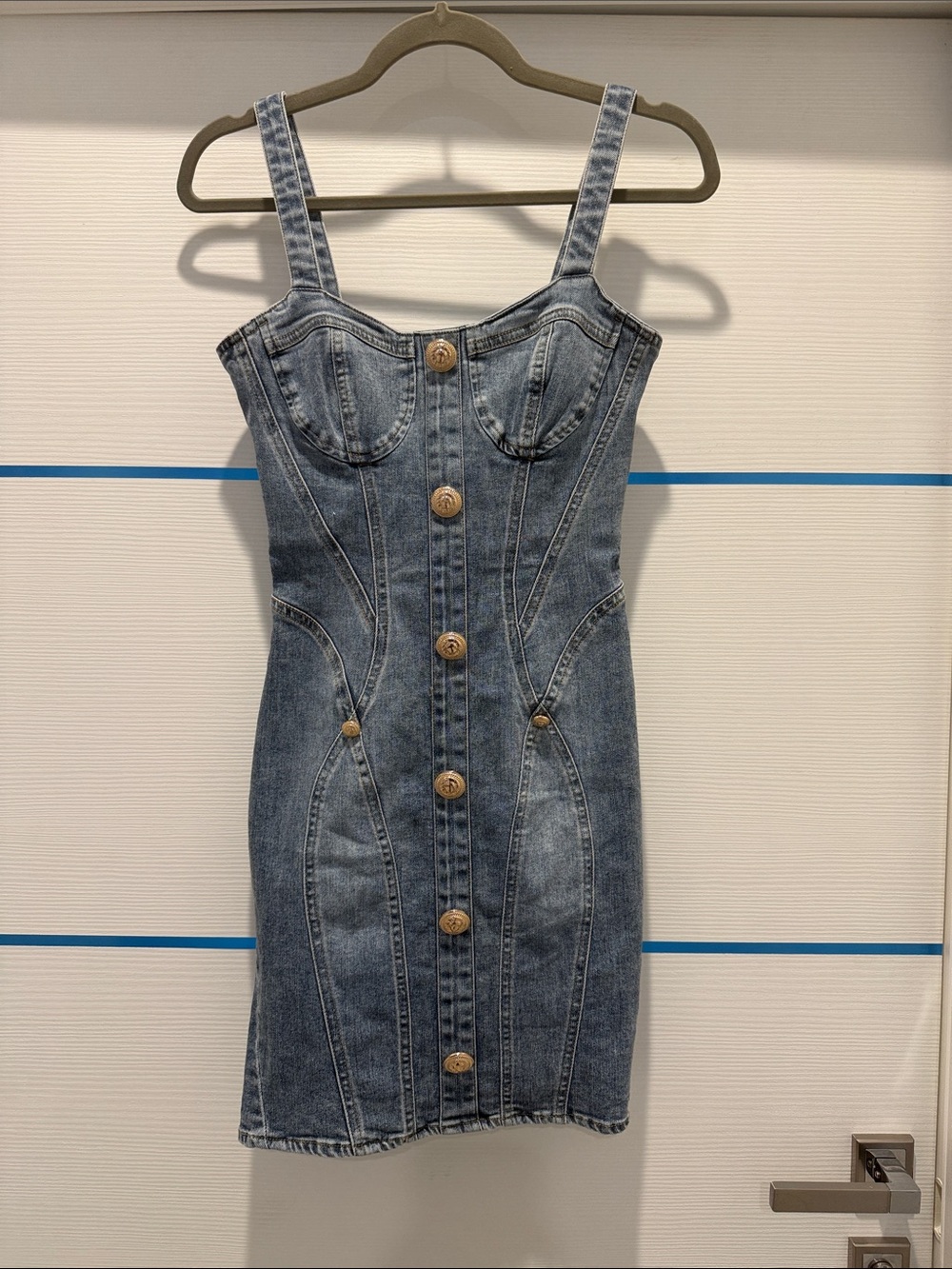 Denim Button-Front Mini Dress in Faded Blue